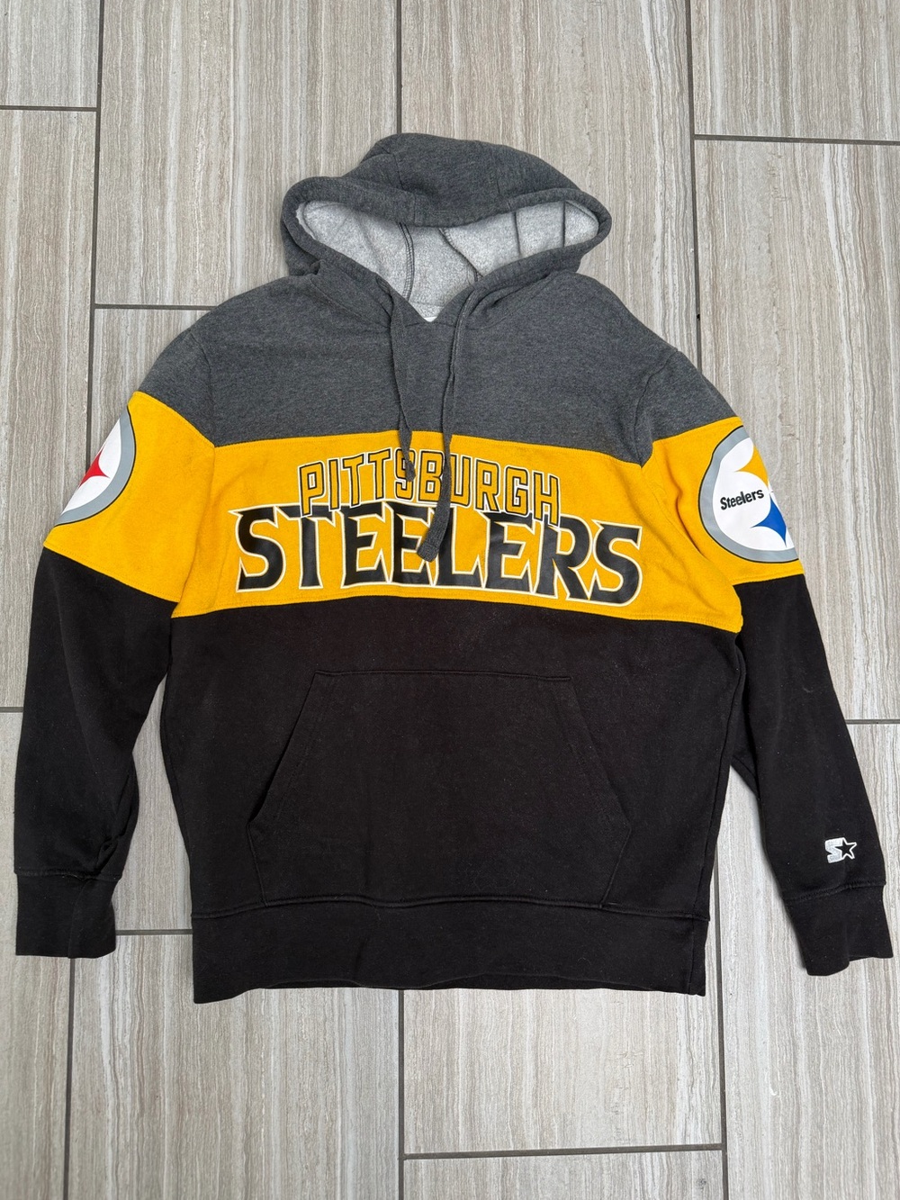 STARTER Pittsburgh Steelers Black Gold Gray Colorblock Pullover Hoodie